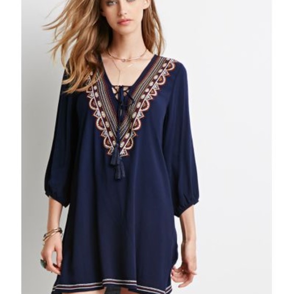 Forever 21 Dresses & Skirts - Blue Boho Tunic Dress with Embroidery